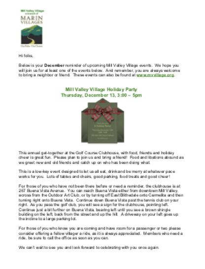 Mill Valley Village - December 2018 Newsletter newsletter