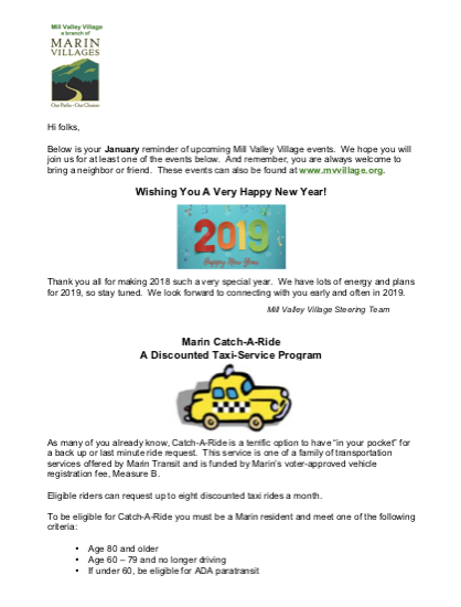 Mill Valley Village - Jan 2019 Newsletter newsletter