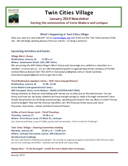 Twin Cities Village - Jan 2019 Newsletter newsletter