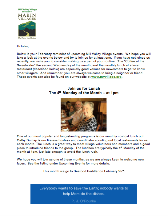 Mill Valley Village - Feb 2019 Newsletter newsletter