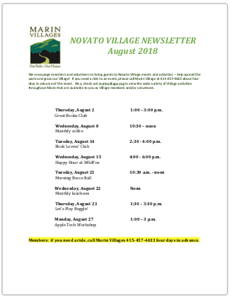 Novato Village - Aug 2018 Newsletter newsletter