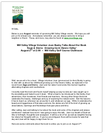 Mill Valley Village - Aug 2018 Newsletter newsletter