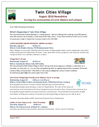 Twin Cities Village - Aug 2018 Newsletter newsletter