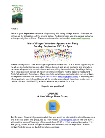 Mill Valley Village - Sept 2018 Newsletter newsletter