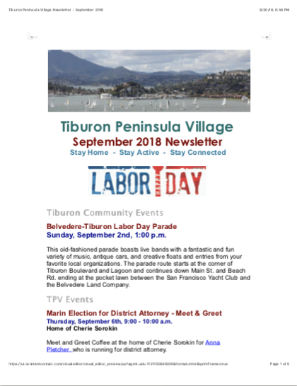 Tiburon Peninsula Village - Sept 2018 Newsletter newsletter
