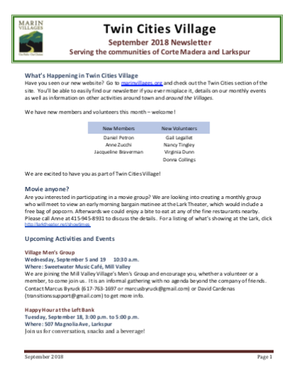 Twin Cities Village - Sept 2018 Newsletter newsletter