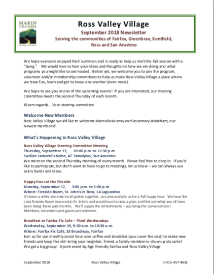 Marin Villages - Sept 2018 Newsletter newsletter
