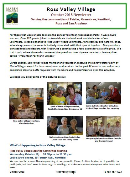 Ross Valley Village - October 2018 Newsletter newsletter