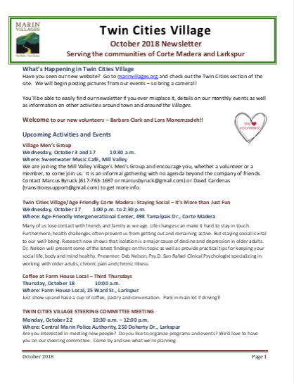 Twin Cities Village - October 2018 Newsletter newsletter