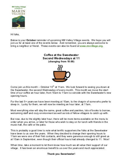 Mill Valley Village - October 2018 Newsletter newsletter