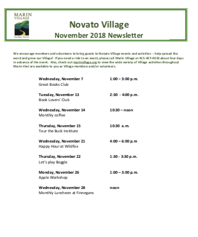 Novato Village - November 2018 Newsletter newsletter