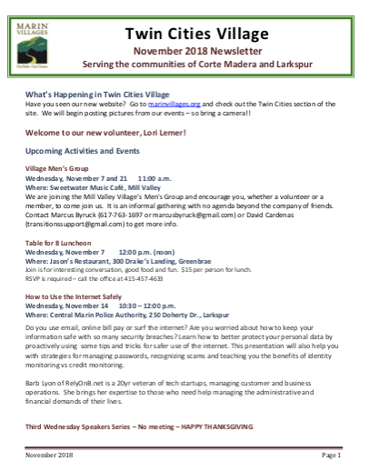 Twin Cities Village - November 2018 Newsletter newsletter