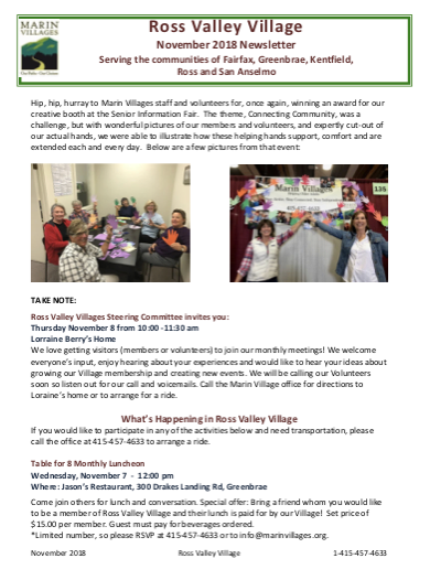 Ross Valley Village - November 2018 Newsletter newsletter