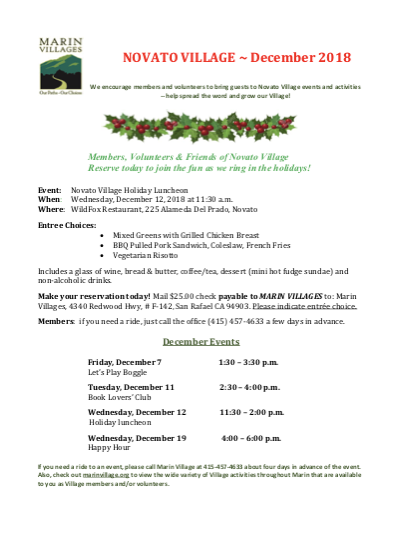Novato Village - December 2018 Newsletter newsletter