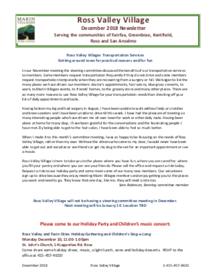 Ross Valley Village - December 2018 Newsletter newsletter