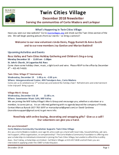 Twin Cities Village - December 2018 Newsletter newsletter
